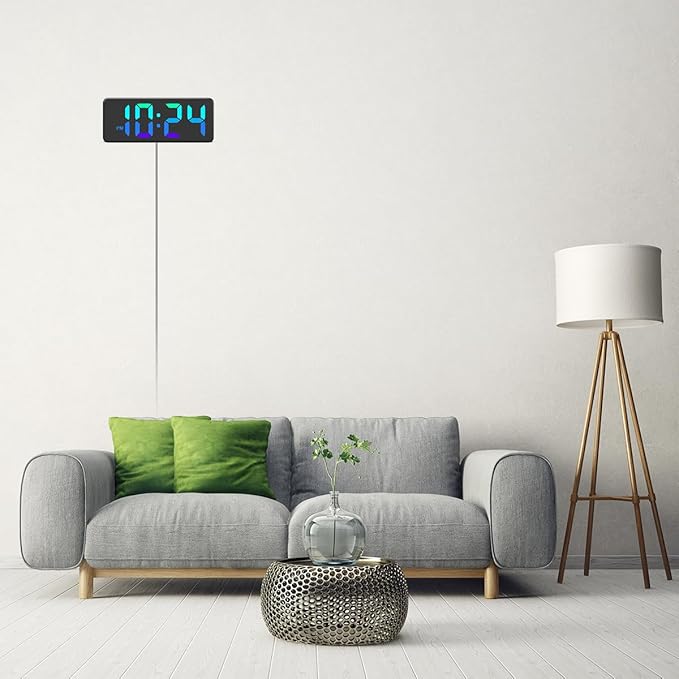 LED Digital Wall Clock with Dynamic RGB Display, Big Digits, Auto-Brightness, 12/24Hr Format, Modern Electric Small Silent Wall Clock for Living Room, Bedroom, Classroom, Farmhouse, Kitchen, Office