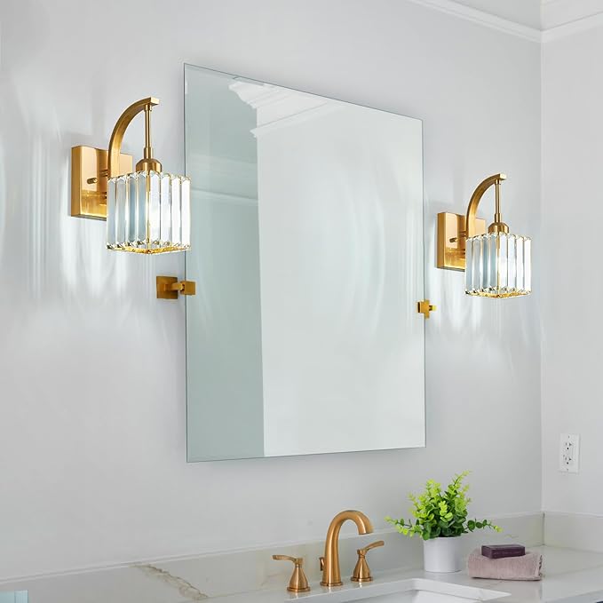 FDPBY Wall Sconces, Set of 2 Gold Crystal Vanity Lights, Modern Wall Lamp for Bathroom, Hallway, and Makeup, Easy Installation
