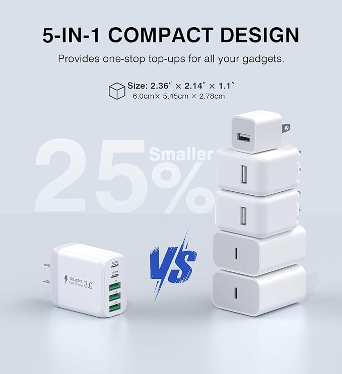 USB C Wall Charger Block, 2Pack 60W 5-Port C Charger Fast Charging Block PD Power Adapter +QC 3.0 Multiport Type C Box Brick Cube USB A Wall Plug for iPhone 15/16/17 Pro Max Plus, iPad,Samsung Galaxy