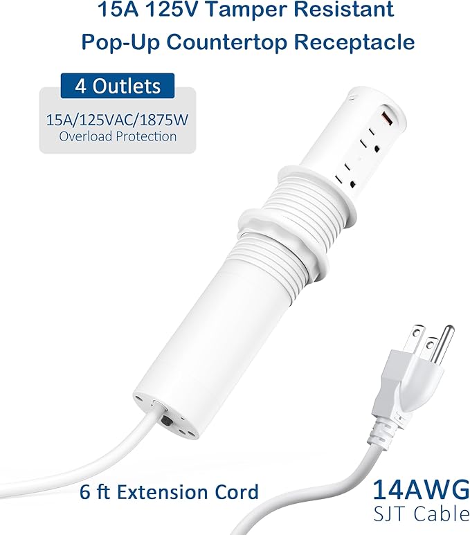Jgstkcity 2.5 inch Hole Pop up Outlet for Countertop,20W USB C,4 USB Ports,4 Outlets 15Amp Receptacle Flush Mount,Space Saver Recessed Outlet,1875W,ETL Listed,2 PCS (White, 20W USB)