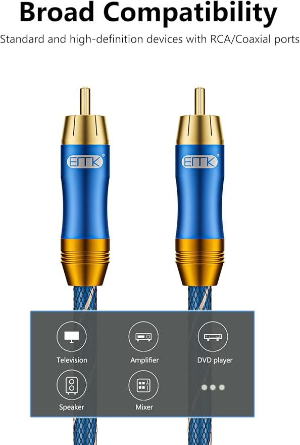 EMK Subwoofer Cable (6.6ft/2m) -Digital Coaxial/Subwoofer Cable Dual Shielded with Gold Plated RCA to RCA Connectors -Top Blue Series