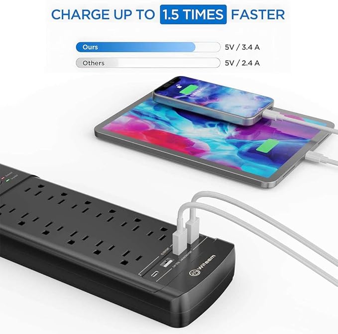 Witeem Surge Protector Power Strip - 12 Outlets,3 USB+USB-C 3.4A Ports, 6Ft Extension Cord, 1875W/15A, 4360Joules, Overload Protection - Ideal for Home & Office Use (Black-USBC)