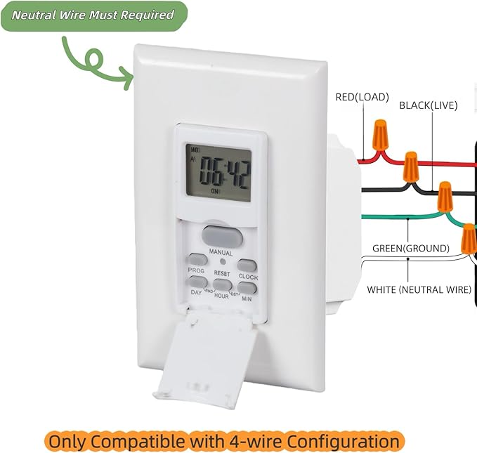 in Wall Digital Timer Switch, Indoor 7 Day Light Switch timers, 125V,15A Programmable Switch Timer for Lights, Fans, Motors, Neutral Wire Required, 7 ON/Off Settings,ETL Listed