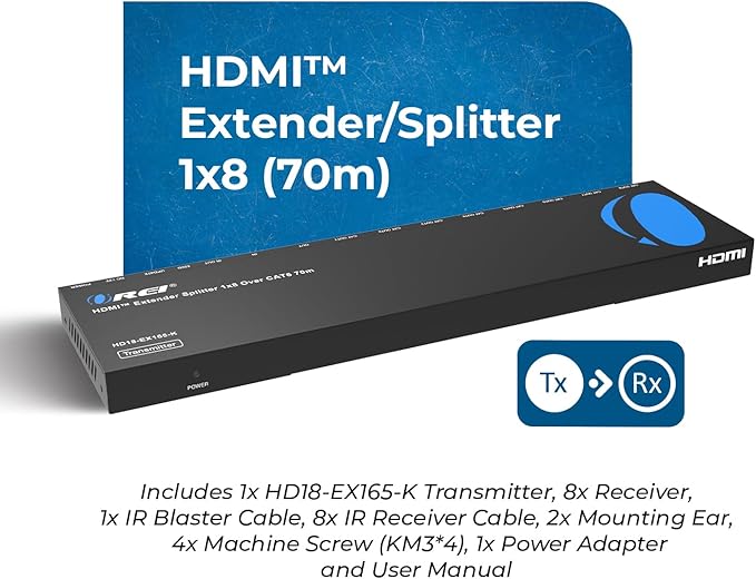 OREI 4K 1x8 HDMI Extender Splitter Multiple Over CAT 6/7 Cable with EDID management - 4K@30Hz upto 165ft and 1080p@60Hz upto 230ft- Loop Out