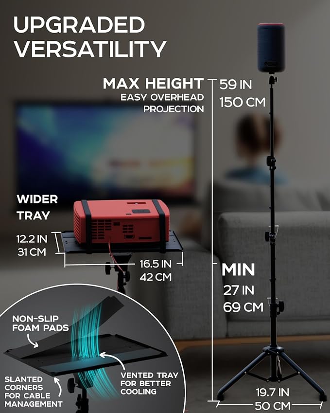 PropVue Projector Tripod Stand, Height Adjustable 27" to 62" & Floor Projector Stand, Portable Laptop Stand, Camera & Light & Ball-Joint – Well-Made, Easy-to-Adjust, DJ Rack & Music or Movie stand