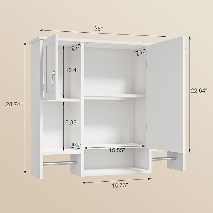 VECELO Bathroom Wall Cabinet with Mirror, Wall Mounted Medicine Cabinet with Open Shelves, 2 Towels Bars for Bathroom Laundry Room Kitchen