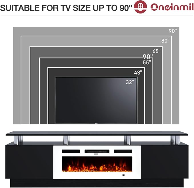 oneinmil Fireplace TV Stand with 36” Electric Fireplace, 80” 2 Tier TV Console Stand for TVs Up to 90", LED Light Entertainment Center, Fireplace for The Living Room TV Stand, Black