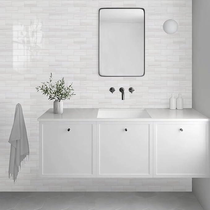 Vamos Tile 100-Piece Glossy Dolomite White Peel and Stick Backsplash Tile,3''x6'' PVC Subway Tile with White Grout, Stick on Backsplash for Kitchen/Bathroom/Fireplace