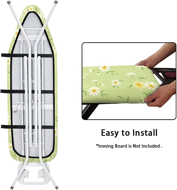 ZCFYGDX Fresh White Daisy Print Ironing Board Cover, Resist Scorching & Staining, Easy to Install Resistant Elastic Edges, 3 Nylon Buckle Straps Fasteners, Protective Scorch Cloth Covers Size-XL