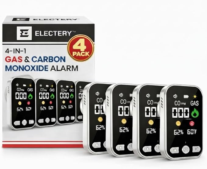 4‑in‑1 Upgraded Natural Gas Leak Detector & Carbon Monoxide Detectors Plug‑in with Dual Sensor, LCD Display Alarms, Temperature & Humidity Monitor for Home & RV (4 Pack)