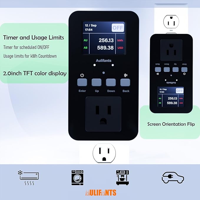 Aulifants LP405 25A Heavy Duty Smart Plug Meter Sockets Industrial Energy Monitor Trip-Rate Billing, OVP/UVP/OLP Color Screen Magnetic Relay Offline Logging WiFi Tuya/Smart Life for AC/Heaters
