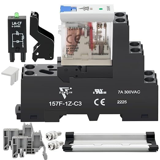 12 Pcs 12Amp Power Relay Switch UL Listed 24V DC Relay Coil, 5 Pin SPDT 1NO 1NC with Test Button, LED Module Light, Socket Base, DIN Rail