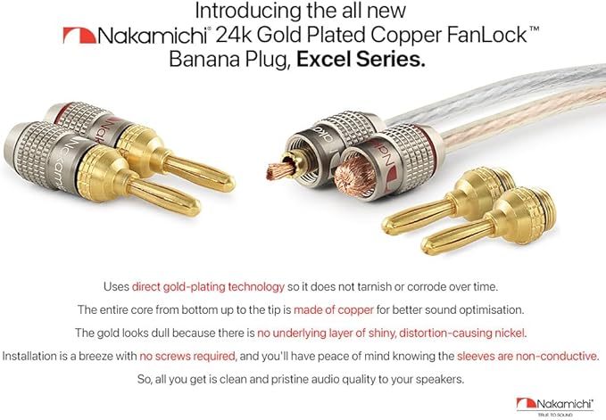 Nakamichi FanLock Excel Series 24k Gold Plated Banana Plugs 10 AWG - 18 AWG Gauge Size 4mm for Speakers Amplifier Hi-Fi Stereo Home Theatre Radio Audio Wire Cable Quick Connector, 8 Pcs (4-Pairs)
