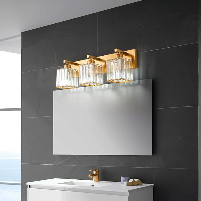 FDPBY Modern Bathroom Vanity Light 3-Lights Gold Crystal Bathroom Wall Light Vanity Light Fixtures，20.47-inch Modern Minimalist Design