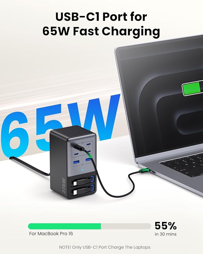 USB C Charger 275W Charging Station with Retractable Dual Cables,Upgraded 8-in-1 GaN IV Fast Charging Hub Block+PD QC PPS 65W Laptop Adapter for MacBook Pro/Air,iPad,iPhone 17/Pro,Galaxy S24,Dell etc