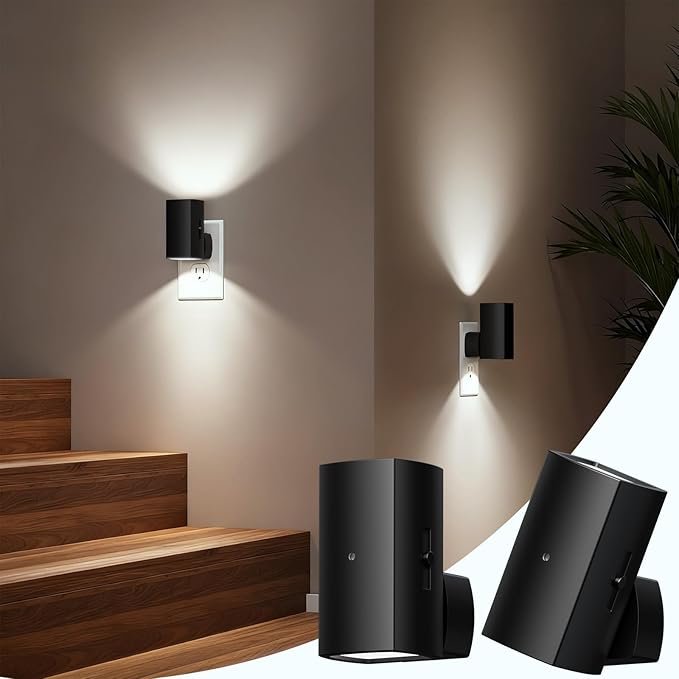 Brightown 2 Pack Black Night Lights Plug into Wall, Modern Night Light with Rotating Plug, Dusk to Dawn Sensor, 0-100LM Stepless Dimming Aora Night Light for Hallway Bedroom Bathroom, Pure White