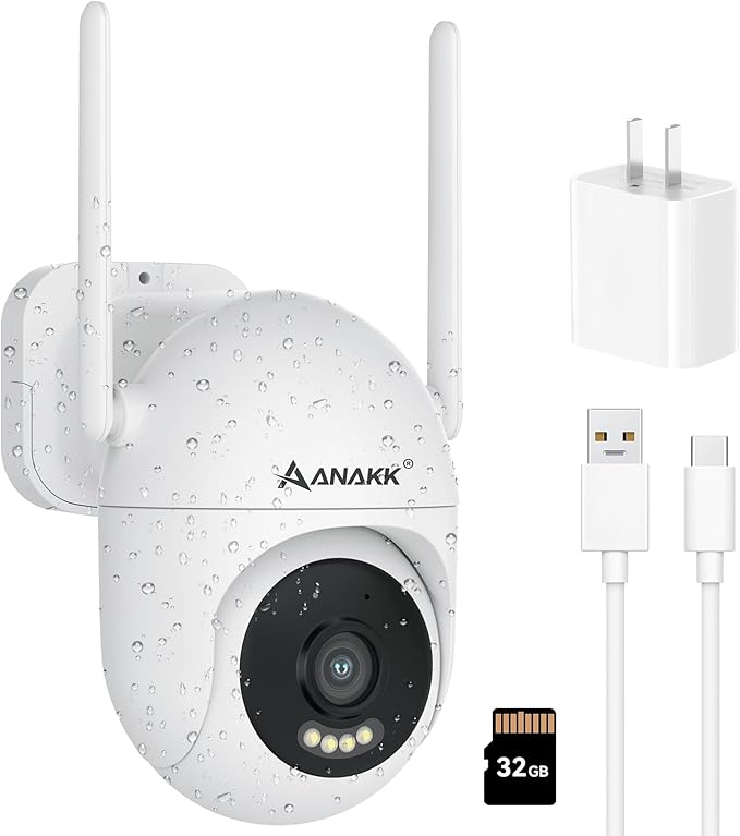 Anakk Outlet Powered Outdoor Security Camera with SD Card, 2.4Ghz/5Ghz WiFi Home Camera, Night Color, 2 Way Audio, 24/7 Recording, Human Detection, Cam for Baby/Nanny/Pet, Waterproof, No Monthly Fee