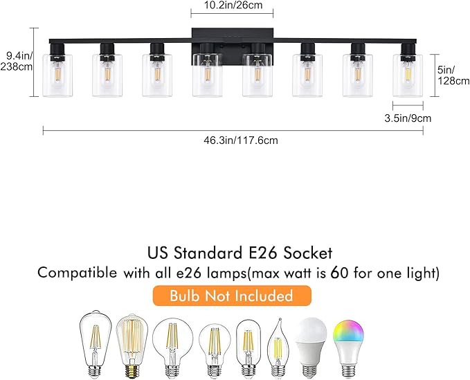 8 Light Bathroom Vanity Light, Matte Black Bathroom Vanity Lights Over Mirror with Sturdy Clear Glass Shade, 8 Lights Count Large Bath Light Fixtures for Mirror, Bedroom, Living Room, Wall Sconce