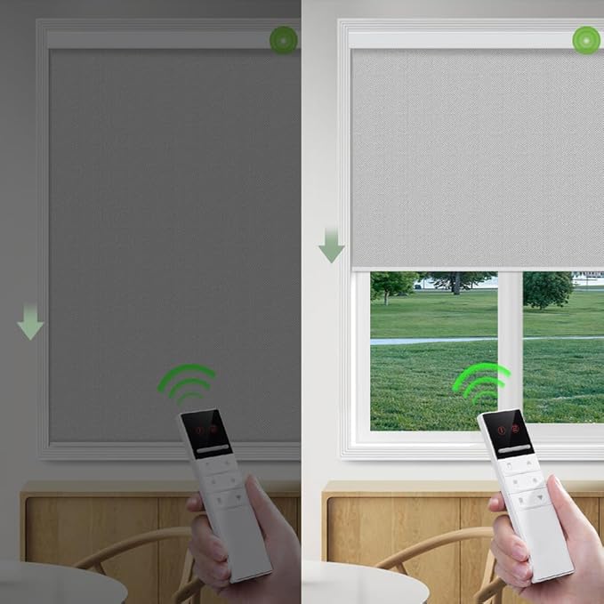 ZSHINE Motorized Blackout Roller Blinds Customize Width Remote Control Wireless and Rechargeable Window Roller Shades for, Home, Office, Hotel, Restaurant and Cinema(82067P)