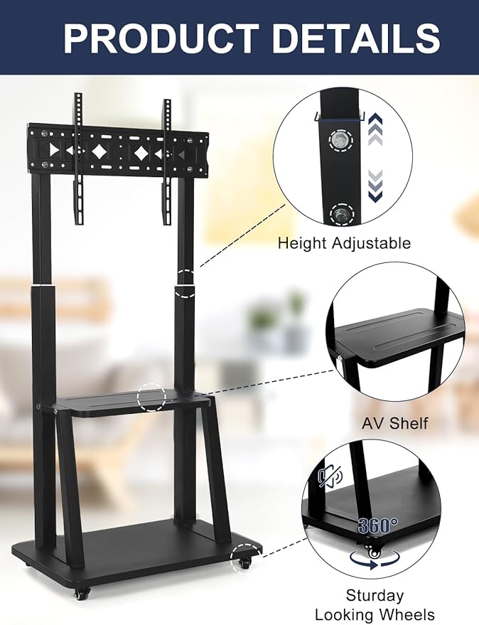 Maiproo Rolling TV Stand Mobile TV Cart on Wheels for 42-86 Inch Flat/Curved LED/LCD/OLED Height Adjustable Heavy Duty Floor Portable TV Stand with Wheels with Laptop DVD Shelf Holds up to 176lbs