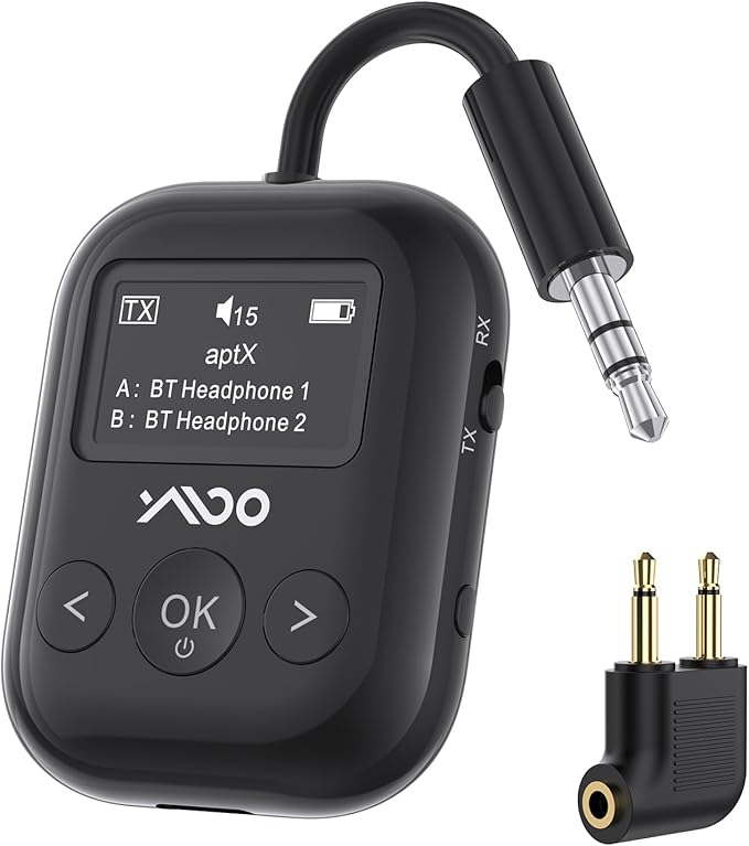 YMOO Bluetooth 5.4 Transmitter Receiver for Airplane, Bluetooth Adapter Supports 2 Headphones/Speakers with aptX Low Latency, 3.5mm Aux Wireless Audio Adapter with Screen for Flight Gym Home Travel