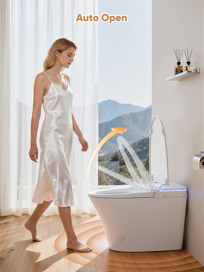 Smart Toilet with Auto Open/Close Lid - Warm Water Bidet, ADA Comfort Height Heated Seat, Dryer, Night Light, Foam Shield, Dual Auto Flush, Foot Sensor, Modern Elongated One-Piece Toilet for Bathrooms