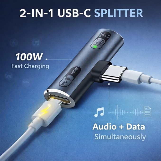 Mizi 2025 Upgraded USB C Splitter 100W Fast Charging Adapter – Dual USB C Headphone & Charger Dongle for iPhone 16/15, iPad, MacBook, Galaxy S24/S23, Pixel & More – Audio + Power Adapter - Grey