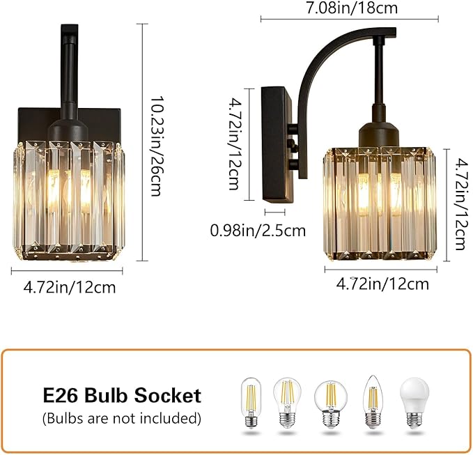 FDPBY Wall Sconces, Set of 2 Black Crystal Vanity Lights, Modern Wall Lamp for Bathroom, Hallway, and Makeup, Easy Installation