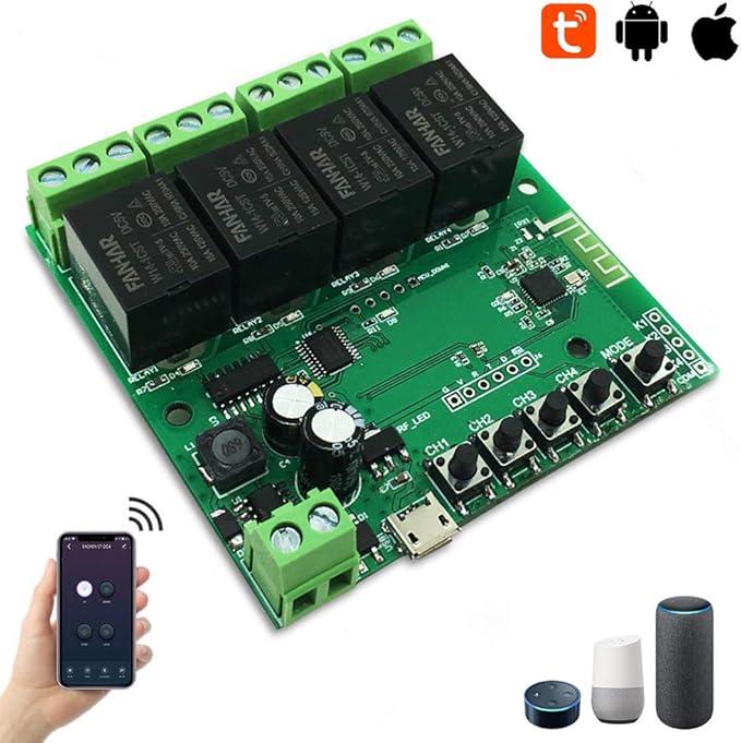 Newgoal 4-Channel WiFi Smart Switch Relay Module, TUYA/Smart Life App for Smart Home Remote Control, Momentary Time Adjustable, Compatible with Alexa/Google Assistant