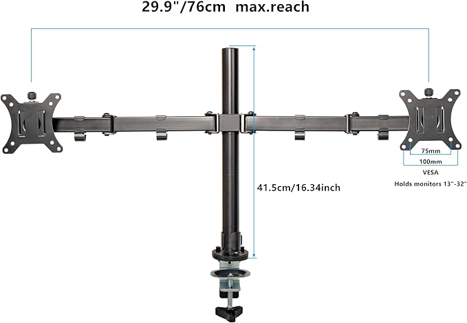 Elevon Dual Monitor Stand for 13-32 inch Computer Screens, Full Adjustable Two Screen Computer Monitor Arm, VESA Mount with C-Clamp/Grommet Base
