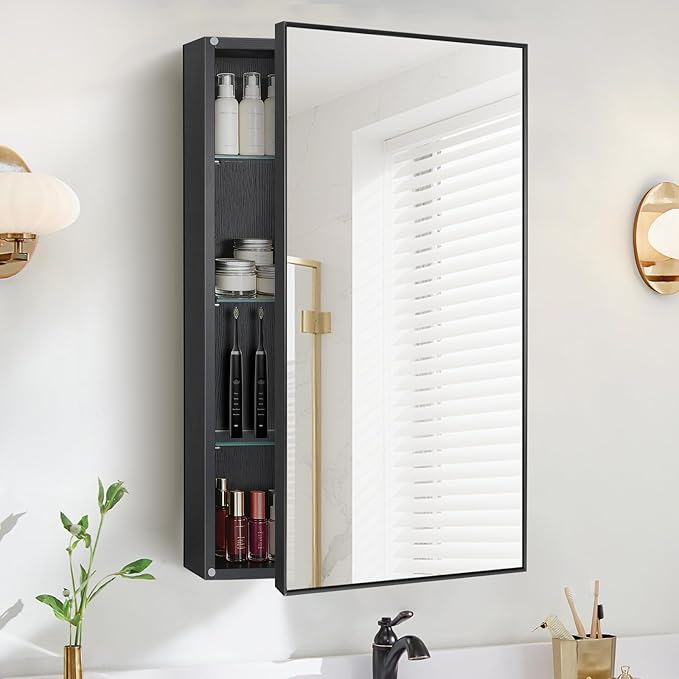 Medicine Cabinet with Mirror, 20x30 Inch Rectangle Wall Mounted Bathroom Vanity Mirror with Storage & Adjustable Tempered Glass Shelves Medicine Cabinets for Bathroom, Black