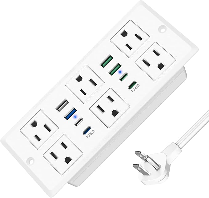 Recessed Power Strip with 45W USB C, Furniture Desk Flush Mount Outlet, Ultra Thin Flat Plug Power Strip, 6 Outlets & 8 USB Ports, 10FT Cord (White)