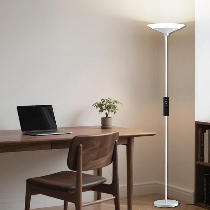 SIBRILLE White Torchiere Floor Lamp - 30W Dimmable LED Standing Lamp with Remote/Button Control, 1800Lm, 3000-6500K, 72in Bright Standing Pole Light for Living Room Bedroom Office Corner