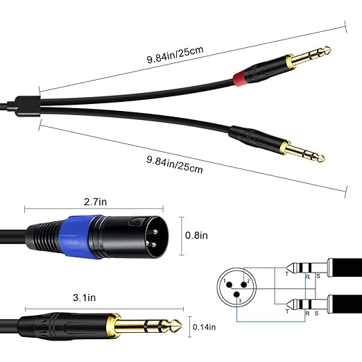 Jozzai 6.35mm Dual TRS to XLR Male Cable for Microphone, Mixer, Amplifier, 1.5 FT, Dual1/4 TRS to XLR Audio Cable, Y Splitter Patch Cord, 3-Pinxlr to Dual 1/4 Male Converter Adapter Cable