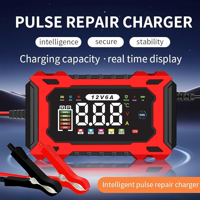 6-Amp 12V Smart Car Battery Charger, Battery Maintainer Trickle Charger with Desulfator, Pulse Repair & Overcharge Protection - for Car Lawn Mower Marine Lead-Acid Batteries (Gray)