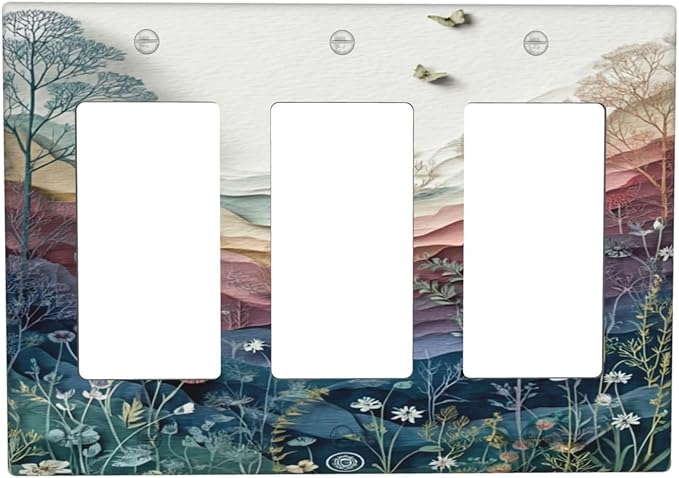 Bvtewkhz Wildflowers Rustic Flowers Floral Plants 3 Gang Triple Rocker Wall Plate Cover Vintage Mountain Decorative Light Switch Covers Electrical Faceplate Switch Plates for Bathroom Kitchen Home