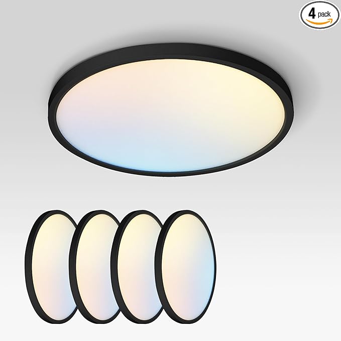 ASD LED 12" Round Flush Mount Ceiling Light Fixture, Low Profile Surface Lighting | 5CCT, Dimmable, Ultra-Thin, ETL Listed | 24W 1900LM 2700-6000K 120V | Kitchen, Bedroom, Hallway Lamp | Black, 4 Pack