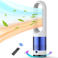 Bladeless Heater and Fan Combo, 1400 Watt Heater Fan and 40 Watt Cold Fan, 80° Oscillating Fan, All the Season Use, Remote and Touch Control, Floor Tower fan, Office Room, Bedroom, Blue White