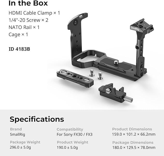 SmallRig Cage for Sony FX30 FX3 FX3A with Cable Clamp for HDMI, Classic Bright Black Surface, Included Cold Shoe and NATO Rail, Modular Design Compatible with Original XLR Handle