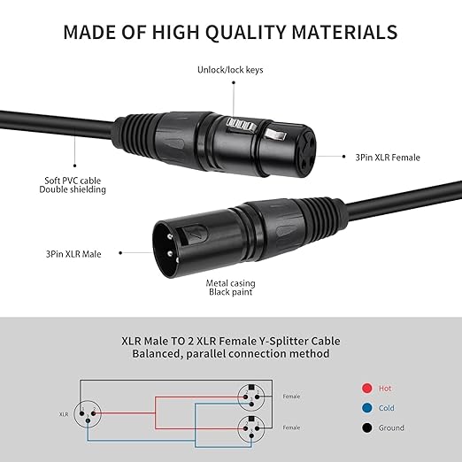 2 Pack XLR Splitter Cable,1 Maleto 2 Female, 5FT Stereo Mic to L&R Audio Y-Splitter Cable