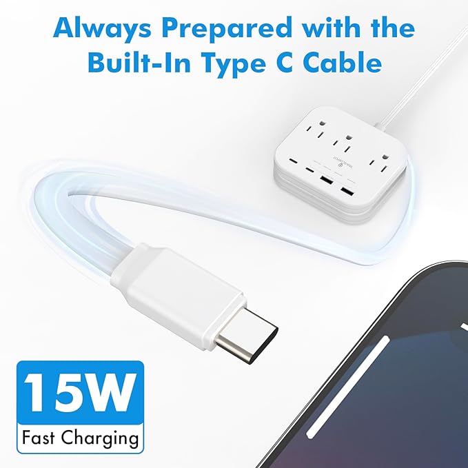 TRAVEL DEPOT Cruise Essentials Flat Plug Power Strip, Durable 5 ft Extension Cord w/ 3 Outlets Extender & Built-In Type C Cable, 2 USB & 2 USB-C Ports, No Surge Protector for Cruise Travel, Dorm, Home