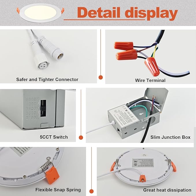 MKUJOO 96 Pack 4 Inch Ultra-Thin LED Recessed Ceiling Light with Junction Box,Panel Light,Daylight, 9.5W,2700K/3000K/3500K/4000K/5000K Selectable Dimmable Downlight ETL&FCC&CE Energy Star Certified