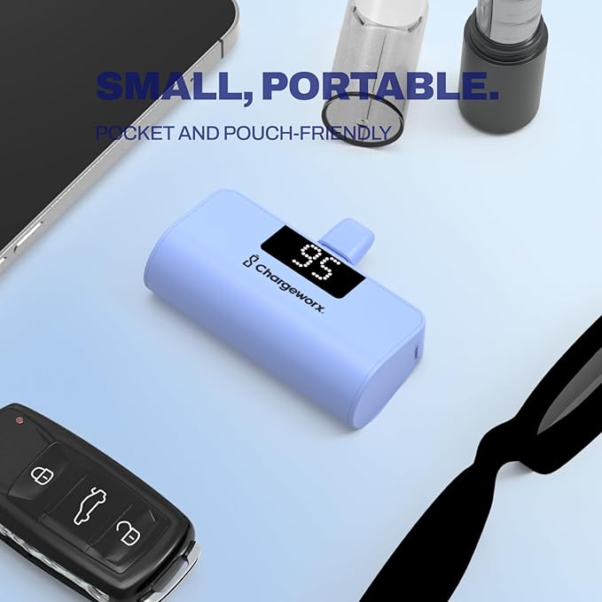 CHARGEWORX Mini Portable Charger Power Bank with Built-in Lightning Output, 5,000 mAh Power Bank with Fast-Charge Dual Output, Pass-Through Charging, LCD Display, Compact Design, Coral Blue