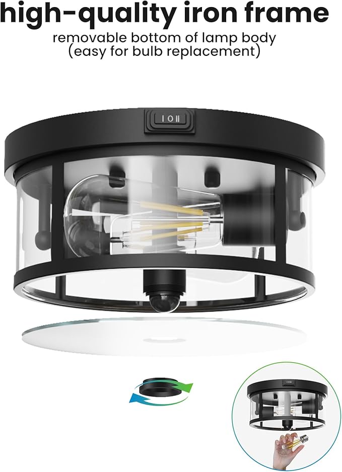 Craftersmark 2Pack Outdoor Flush Mount Ceiling Light 12.5In - Motion Sensor Porch Light, 2-Light E26 Socket, Durable Iron & Clear Glass, Light Fixtures for Porch, Driveway, Covered Patio, Farmhouse