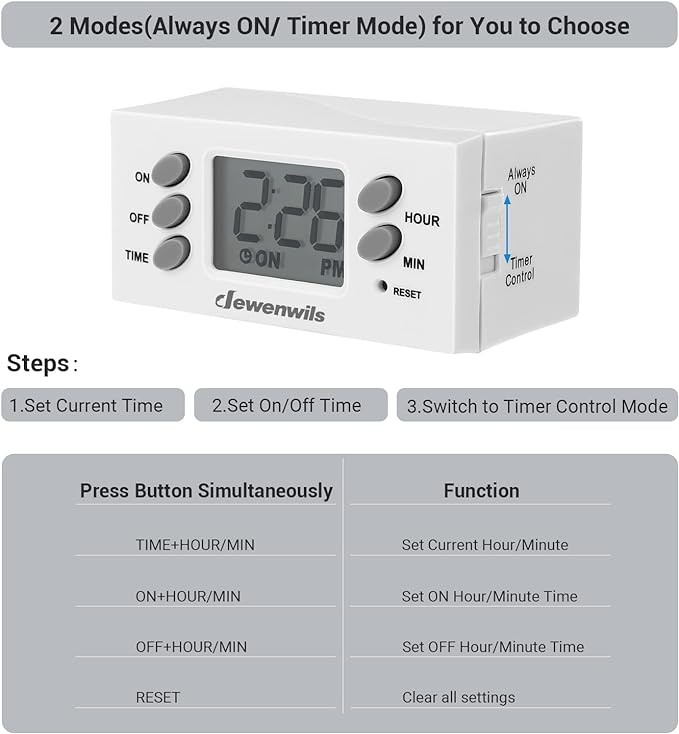 DEWENWILS 24 Hour Outlet Timer, 125V 15A 1000W Timers for Electrical Outlets, 1 Polarized Outlet, Digital Light Timer for Indoor Lamp, Fan, Aquarium, 1/2 HP, 2 Pack, UL Listed