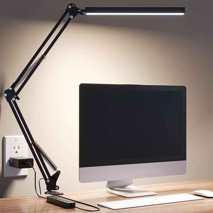 TROPICALTREE LED Desk Lamp for Home Office, Clamp-On with 5 Light Modes & Auto Shut Off | 14W Adjustable Brightness 5000K Eye-Caring Lighting for Study/Bedroom/Computer Desk