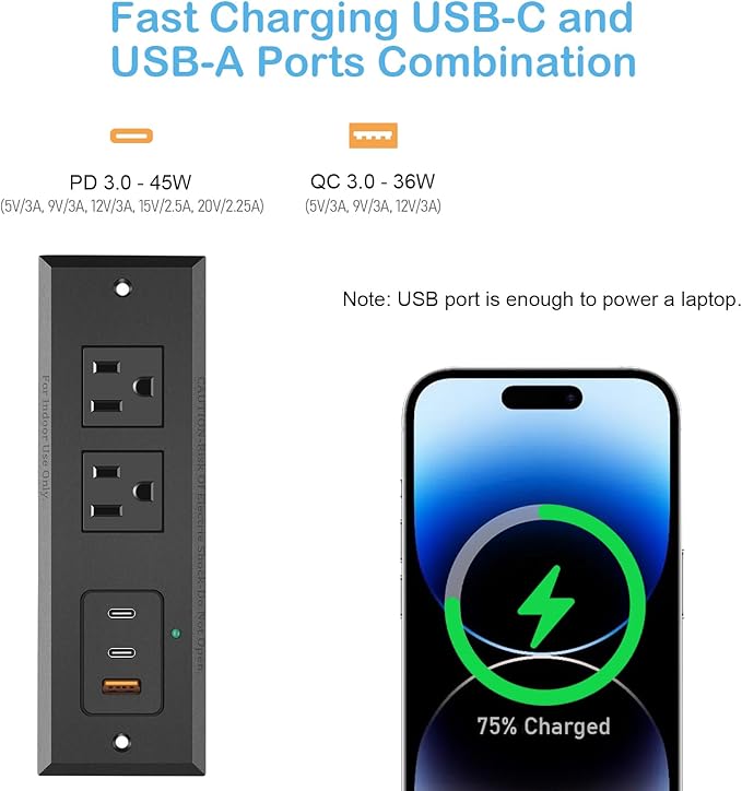 CCCEI Recessed Power Strip with 45W USB-C Ports, Fast Charging USB A Port Desk Outlet, Black Furniture Hidden Charging Station for Side Table, End Table, with 6 FT 45 Degree Flat Plug Extension Cord.