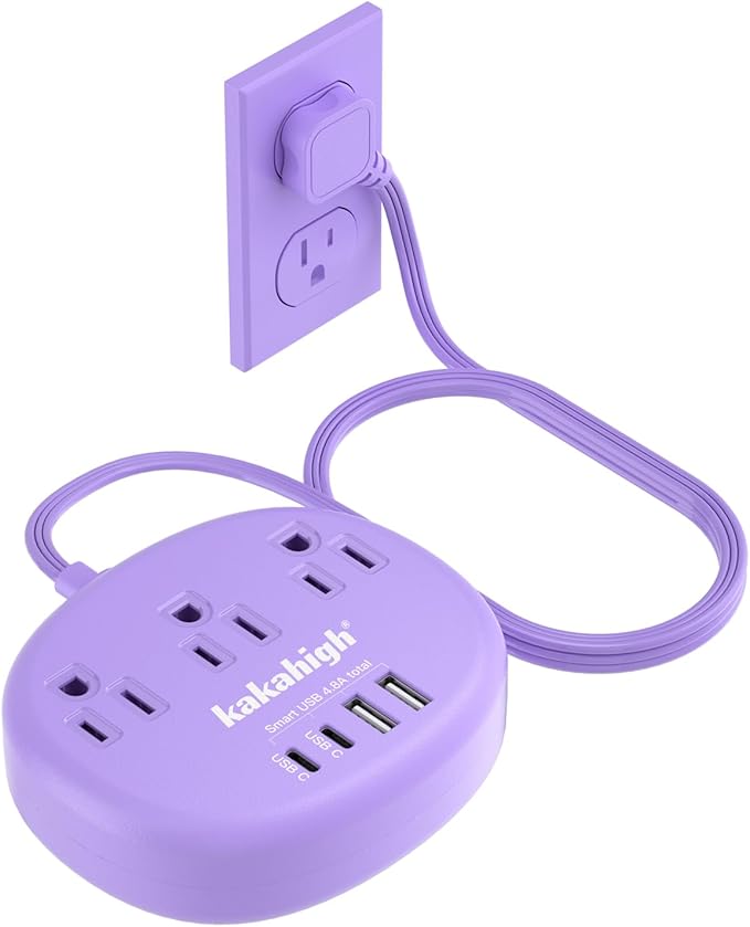 Purple Extension Cord with Surge Protected 1080J - 5 FT Flat Power Strip, 1625W Cute Extension Cord with 3 AC Outlet 4 USB (24W/4.8A), Compact for Cute Purple Kawaii Lavender Accessories