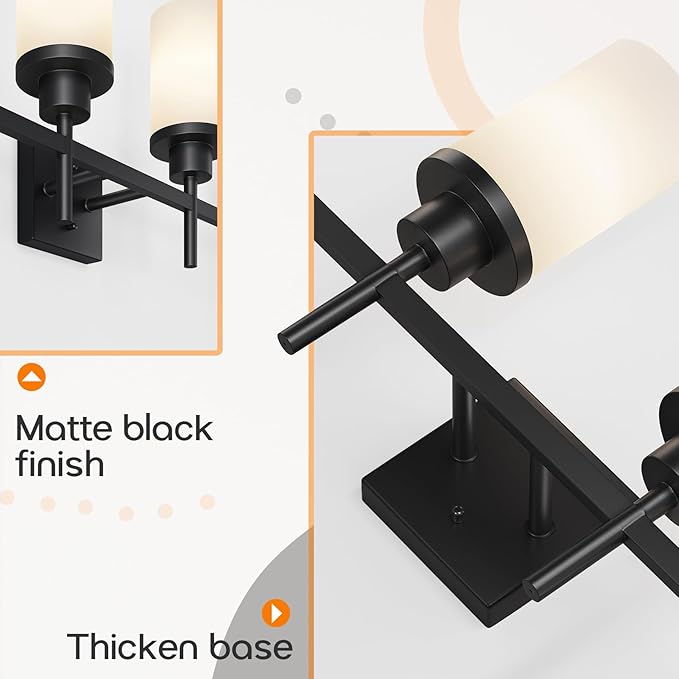 AONEON Wall Light Fixtures 4-Light Over Mirror, Matte Black Vanity Lights with White Frosted Glass Shade, Wall Sconces for Bathroom Kitchen T001MB-L4