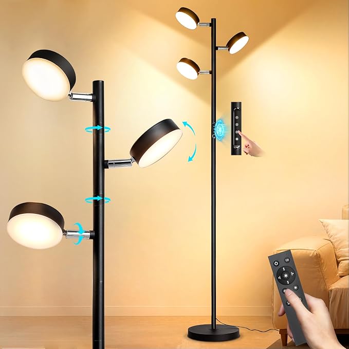 Benaep Tree Floor Lamp for Living Room - Modern Black Standing Lamp, LED Floor Light with Remote & Touch, 3000K-6000K Dimmable for Bedroom Office Reading (3 Head)